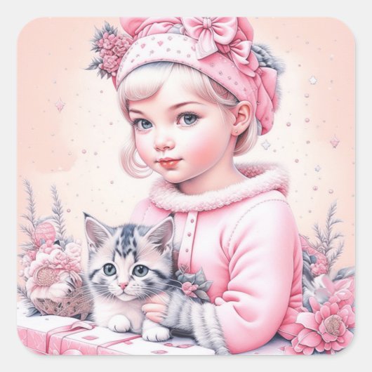 Sticker Carré Fille rose vintage et chaton Noël (Devant)