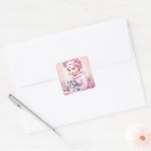 Sticker Carré Fille rose vintage et chaton Noël (Enveloppe)