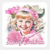 Sticker Carré Fille rose vintage Joyeux Noël (Devant)