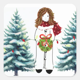 Sticker Carré Fille se préparer pour Noël