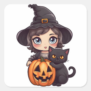 Sticker Carré Fille sorcière Kawaii