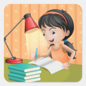 Sticker Carré Fille Travaillant Dans Un Bureau (Devant)