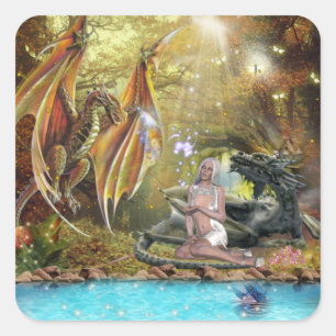 Sticker Carré Fille Vivant Avec Des Dragons