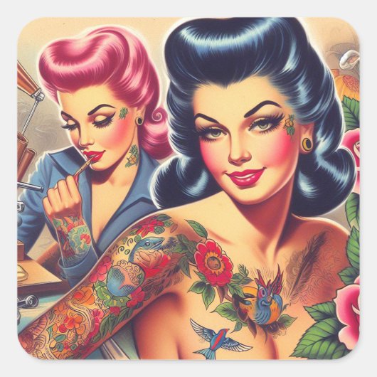 Sticker Carré Filles de tatouage vintage Old School (Devant)