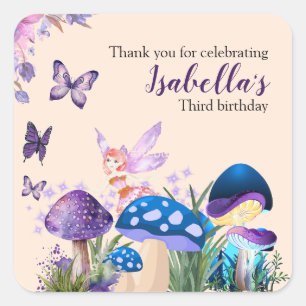 Sticker Carré Filles Fée Champignon Violet Papillon Anniversaire