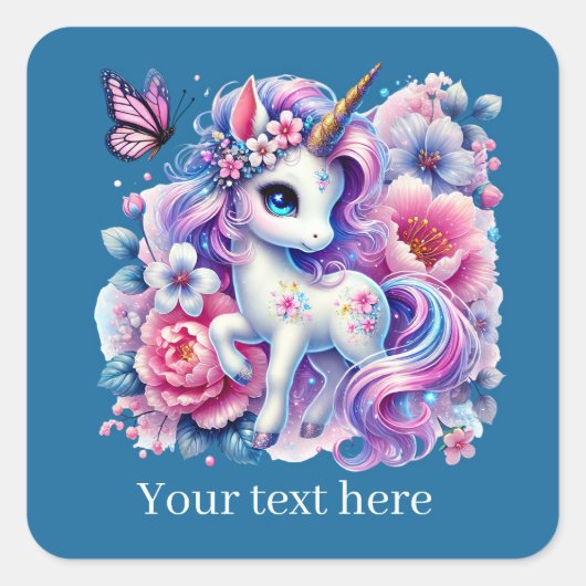 Sticker Carré Filles mignon imaginaire licorne ajouter du texte (Devant)