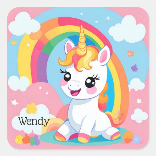 Sticker Carré Fille's mignon Unicorn arc-en-ciel Nom personnalis (Devant)
