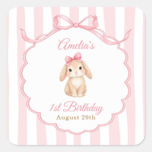 Sticker Carré Filles Ourson Rose Ruban Rayures 1er Anniversaire