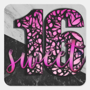 Sticker Carré Filles Rose et Noir Marbré Sweet 16 Fête d'anniver