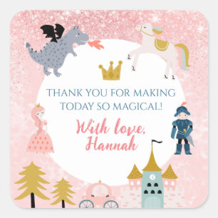 Sticker Carré Filles rose princesse magique Merci d'anniversaire