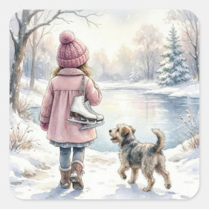 Sticker Carré Fillette à l'aquarelle avec patins à glace et chie
