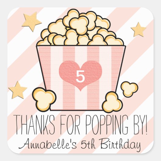 Sticker Carré Film rose Popcorn Merci fête d'anniversaire Favori (Devant)