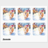 Sticker Carré Finnish Lapphund Snowy Village Santa Hat Christmas (Feuille)