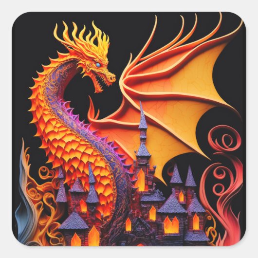Sticker Carré Fire Dragon Castle Imaginaire Art Mythique Créatur (Devant)