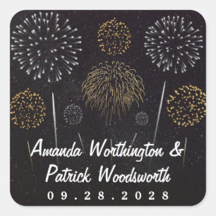 Sticker Carré Fireworks Thème Black Gold Silver Wedding Favorise