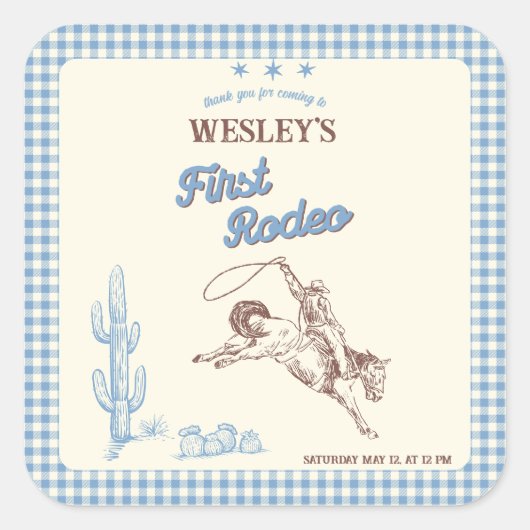 Sticker Carré First Rodeo Wild West Boys 1st Birthday Party (Devant)