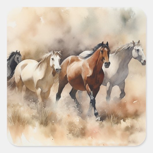 Sticker Carré "Five Gallopoping Mustangs" Dusty Western Watercol (Devant)