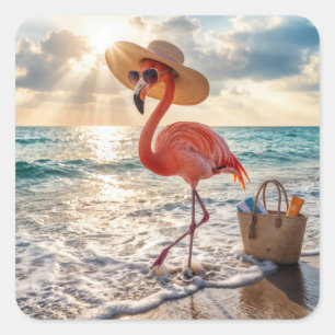 Sticker Carré Flamant chic avec chapeau de soleil et lunettes de