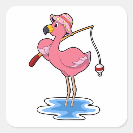 Sticker Carré Flamant rose à la pêche avec canne à pêche (Devant)