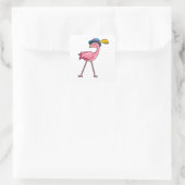 Sticker Carré Flamant rose avec Casquette & Plume (Sac)