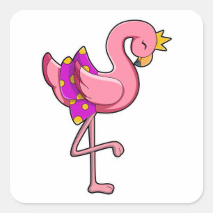 Sticker Carré Flamant rose avec couronne et jupe