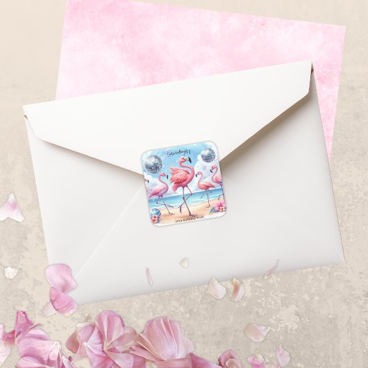 Sticker Carré Flamant rose Birthday Beach Party