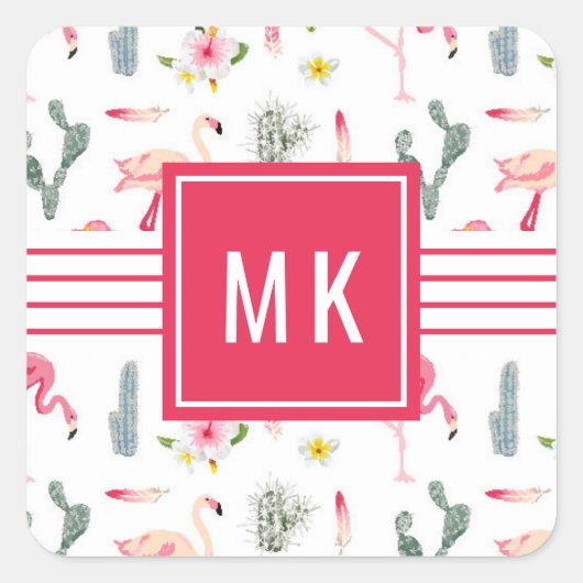 Sticker Carré Flamant rose Cactus Ananas Hibiscus Motif (Devant)