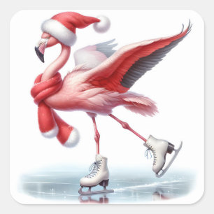 Sticker Carré Flamant rose de Noël Patinage sur glace