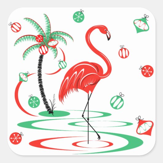 Sticker Carré Flamant rose de Noël rouge Baubles carré (Devant)