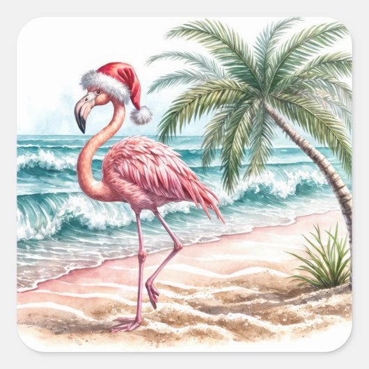 Sticker Carré Flamant rose de Noël sur une plage (Devant)