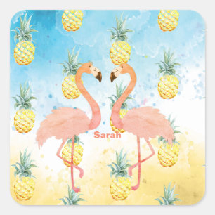 Sticker Carré Flamant rose doux et ananas