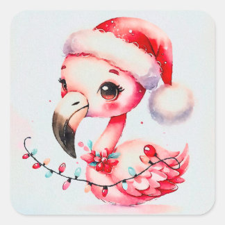Sticker Carré Flamant rose mignon festif enveloppé dans les lumi