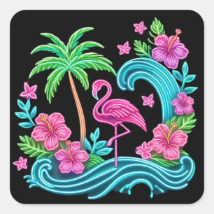 Sticker Carré Flamant Rose Néo-Tropical