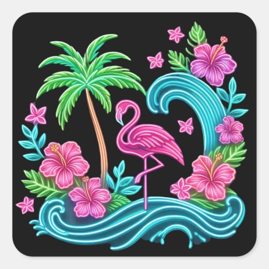 Sticker Carré Flamant Rose Néo-Tropical (Devant)