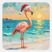 Sticker Carré Flamant rose père Noël sur la plage (Devant)