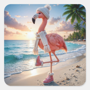 Sticker Carré Flamant Rose Portant des Bottes et une Écharpe d'H