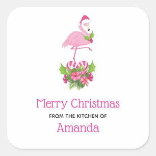 Sticker Carré Flamant rose rose en Santa Hat Whimsical Kitchen