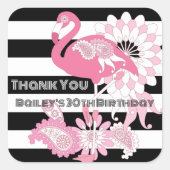 Sticker Carré Flamant rose rose rayé noir et blanc Anniversaire (Devant)