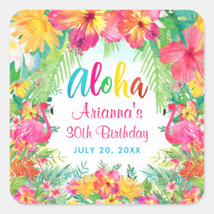 Sticker Carré Flamant rose tropical Aloha Luau Anniversaire