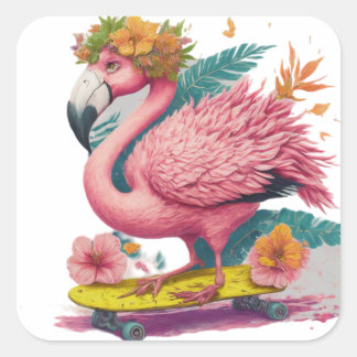 Sticker Carré Flamant rose - Tropical Skateboard Vibes Carré