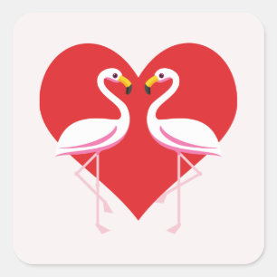 Sticker Carré Flamants roses blancs mignons rose avec coeur roug