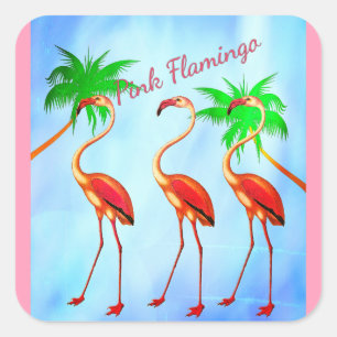 Sticker Carré Flamants roses roses funky Palm Trees Ciel bleu