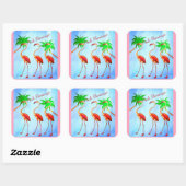 Sticker Carré Flamants roses roses funky Palm Trees Ciel bleu (Feuille)