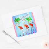 Sticker Carré Flamants roses roses funky Palm Trees Ciel bleu (Enveloppe)