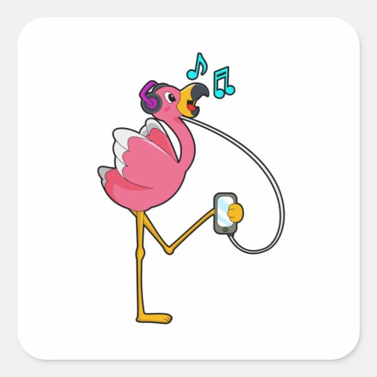 Sticker Carré Flamingo at Music with Headphone (Devant)