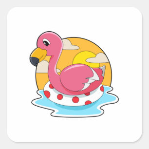 Sticker Carré Flamingo at Swimming with Lifebuoy