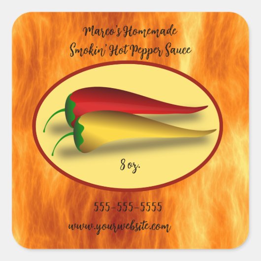 Sticker Carré Flammes modifiables Fumer' Hot Pepper Sauce Étique (Devant)