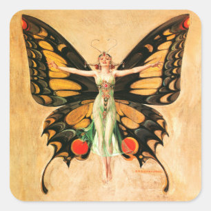 Sticker Carré Flapper Butterfly Flying Woman Illustration