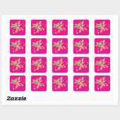 Sticker Carré Fleur Aquarelle sur rose néon (Feuille)