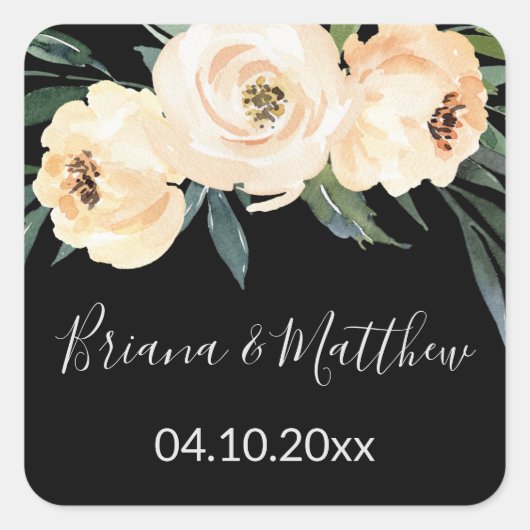 Sticker Carré Fleur Beige Noir et Blanc Mariage Faveurs (Devant)